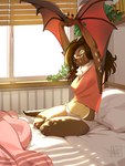 anthro bed bedroom brown_body brown_fur brown_hair clothed clothing cute_fangs eyes_closed fangs female fur furniture hair inside light membrane_(anatomy) membranous_wings neck_tuft on_bed solo stretching sunlight teeth tuft window winged_arms wings ashary bat mammal 3:4 absurd_res hi_res