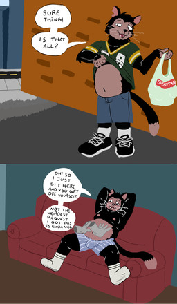 anthro belly_rub black_body black_nose bottomwear clothed clothing clothing_lift detailed_background duo furniture male moobs nipples outside shirt shirt_lift shorts sitting slightly_chubby sofa solo solo_focus text topwear underwear geuremon domestic_cat felid feline felis mammal 2024 absurd_res english_text hi_res
