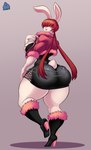 2022 absurd_res alternate_species anthro back_boob big_breasts big_butt boots breasts butt clothing covered_eyes female footwear hair hair_over_eyes hi_res high_heeled_boots high_heels huge_breasts huge_butt jaeh king_of_fighters lagomorph leporid lips looking_at_viewer looking_back mammal rabbit shermie snk solo thick_bottom_lip thick_thighs
