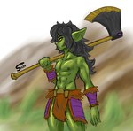 abs axe barbarian belt bottomwear bulge clothing eyelashes glistening glistening_body green_body hair loincloth long_hair male messy_hair muscular nipples pecs shirtless solo yellow_sclera serth goblin hi_res