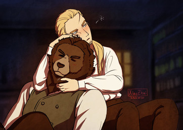 anthro blonde_hair blush brown_body brown_fur clothed clothing cuddling detailed_background drunk duo eyes_closed facial_hair fur grey_body grey_fur hair inside long_hair male petting ponytail sitting substance_intoxication window doctoranddarktor island_of_dr_moreau canid canine canis domestic_dog human hybrid mammal molosser mountain_dog saint_bernard hi_res signature