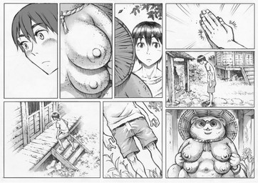 big_breasts blush breasts building clapping clothed clothing female flower fully_clothed hat headgear headwear hokora male multi_breast nipples nude open_mouth plant sculpture shrine slightly_chubby statue tenting double_deck canid canine human mammal procyonid raccoon raccoon_dog tanuki comic greyscale monochrome