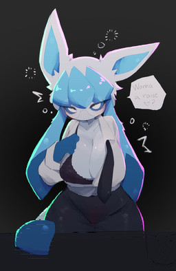 accessory anthro big_breasts biped blue_body blue_ears blue_sclera blush bottomwear bra breasts cleavage closed_smile clothed clothing collarbone dialogue eyelashes eyewear female fingers front_view fur glasses gradient_background heart_symbol looking_at_viewer mouth_closed necktie partially_clothed simple_background smile solo speech_bubble tail text topwear underwear white_eyes wide_hips enexofme nintendo pokemon eeveelution generation_4_pokemon glaceon mammal pokemon_(species) 2026 digital_drawing_(artwork) digital_media_(artwork) english_text hi_res