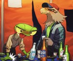 accipitrid accipitriform alcohol amphibian anthro avian beak beer beer_bottle beverage beverage_can bird blush bodily_fluids bottle brown_body brown_feathers clothed clothing container drunk duo eagle feathers female food frog green_body guran_ji_(shurueder) half-closed_eyes hat headgear headwear hi_res male narrowed_eyes shurueder substance_intoxication teardrop tears tipsy tongue