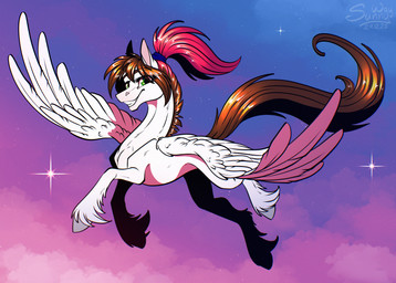 abstract_background cloud feathers female feral fluffy flying fur green_eyes hair ponytail sky smile solo spread_wings star wings sunny_way hasbro my_little_pony mythology sunny_way_(character) equid equine mammal mythological_creature mythological_equine pegasus hi_res