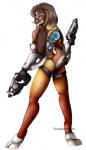 armor brown_body brown_fur butt clothed clothing eyewear female fur goggles gun jacket orange_clothing orange_suit ranged_weapon simple_background solo suit topwear weapon wearpons white_background yellow_clothing yellow_suit theredghost blizzard_entertainment overwatch tracer_(overwatch) lagomorph leporid mammal rabbit digital_media_(artwork) hi_res shaded