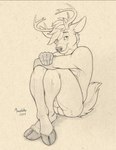 2024 animal_genitalia anthro antlers balls cloven_hooves deer genitals hi_res hooves horn looking_at_viewer male mammal monochrome richard_foley sepia sheath sitting solo