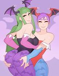 big_butt butt butt_grab clothing duo female female/female green_hair hair hand_on_butt head_wings leotard looking_at_viewer looking_back not_furry purple_hair unusual_wing_placement wings splashbrush capcom darkstalkers lilith_aensland morrigan_aensland demon humanoid winged_humanoid absurd_res hi_res