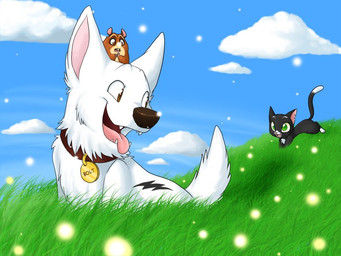 anthro blue_sky female group male sky trio marticus_productions bolt_(film) disney bolt_(bolt) mittens_(bolt) rhino_(bolt) canid canine cricetid felid feline hamster mammal rodent 4:3