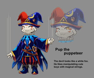 4_fingers ambiguous_gender anthro belt biped boots bottomwear clothed clothing eyes_closed fingers fool's_hat footprint footwear fur grey_background hat headgear headwear jester jester_outfit looking_at_viewer markings moon_print one_eye_closed pants pattern_clothing pawprint puppet_strings puppeteer raised_arm red_markings robe ruff scabbard scissors shoes simple_background smile solo star_print striped_clothing stripes text white_body white_fur yojoo canid canine fox mammal english_text model_sheet male_(lore)