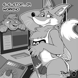anthro blush bodily_fluids countershading cum exercise genital_fluids genitals knot knotted_penis male penis sex sex_toy solo toying_partner workout pawzzhky canid canine fox mammal mustelid otter 1:1 hi_res monochrome