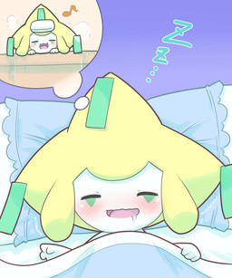 bath bed bedding blanket blush bodily_fluids dream drooling ellipsis eyes_closed furniture inside musical_note musical_symbol on_bed open_mouth pillow saliva sleeping solo sound_effects symbol thought_bubble under_covers vowelless vowelless_sound_effect zzz wadorigi nintendo pokemon generation_3_pokemon humanoid jirachi legendary_pokemon pokemon_(species) 2019 5:6 hi_res