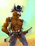 abs animal_genitalia anthro balls biceps biped black_balls black_penis bottomwear brown_body brown_eyes brown_fur chaps clothed clothing cowboy cowboy_hat erection fur genitals grin gun handgun hat headgear headwear horn male muscular muscular_anthro muscular_male nipples pants partially_clothed pecs penis pose presenting ranged_weapon revolver sheath smile solo standing tail tail_tuft teeth topless tuft vein weapon wild_west felixspeagel bovid bovine cattle mammal 3:4 pinup