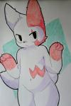 ambiguous_gender anthro arms_above_head fur looking_at_viewer markings red_markings simple_background solo white_background white_body white_fur kuruitty nintendo pokemon generation_3_pokemon pokemon_(species) zangoose hi_res