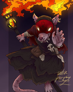 anthro bandage barefoot buckteeth cloak clothed clothing dagger feet fire glowing glowing_eyes looking_at_viewer male mask melee_weapon no_pupils simple_background smile solo teeth torch weapon doctorpumpkins armello league_of_geeks sargon_(armello) mammal murid murine rat rodent hi_res signature