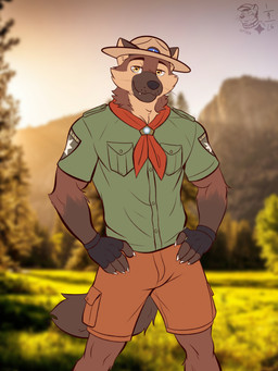 anthro bottomwear cargo_shorts clothing fingerless_gloves gloves green_clothing green_shirt green_topwear hands_on_hips handwear hat headgear headwear kerchief male neckerchief neckwear outside park_ranger patch_(fabric) shirt shorts solo standing topwear whiskers ventkazemaru gulonine mammal marten mustelid musteline pine_marten 2026 dated hi_res