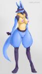 2017 anthro blue_body blue_fur breasts canid conditional_dnp female fur generation_4_pokemon genitals lucario mammal nintendo nipples nude ourflatcoat pokemon pokemon_(species) pussy simple_background smile solo third-party_edit