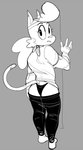 anthro bottomwear bottomwear_down butt clothed clothing female gloves handwear looking_at_viewer looking_back panties pants pants_down partially_clothed rear_view solo underwear dbaru mighty_magiswords calika domestic_cat felid feline felis mammal 2021 hi_res monochrome