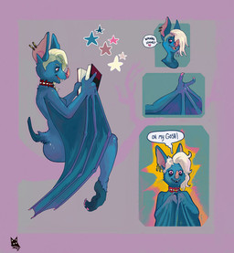 anthro biped book breasts caption claws collar ear_piercing female fur leaf_nose membrane_(anatomy) membranous_wings nipples nude open_mouth painted_claws piercing side_view simple_background sitting smile solo undercut winged_arms wings newd bat mammal 2016 model_sheet