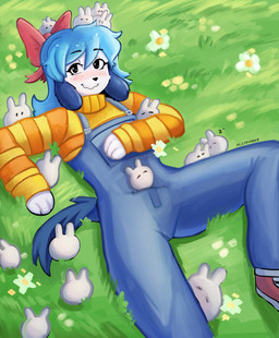 ambiguous_gender anthro blue_eyes blue_hair blush bow_tie breasts clothed clothing day female feral field flower fur grass group hair happy looking_at_viewer lying on_back overalls plant sleeping smile solo_focus tail white_body white_fur cheems_gin microwave_(artist) powa_(cheems_gin) canid canine canis domestic_dog lagomorph leporid mammal rabbit absurd_res digital_media_(artwork) hi_res