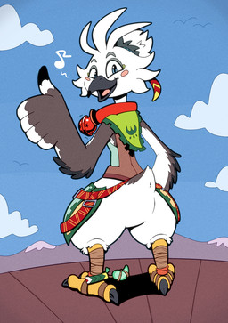 after_transformation avian_butt beak bell bell_collar blue_eyes blush blush_stickers cloud collar feathered_arms feathers gesture hand_gesture implied_transformation looking_at_viewer looking_back looking_back_at_viewer male motion_lines mountain_range musical_note musical_symbol red_collar solo symbol tail tail_feathers tf_into_fictional_character thumbs_up transformation white_body trevor-fox nintendo the_legend_of_zelda trevor-fox_(character) tulin_(tloz) avian rito hi_res nonbinary_(lore)
