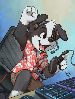 anthro black_body black_eyes black_fur black_nose bottomwear brown_bottomwear brown_clothing brown_pants chair clothed clothing computer_keyboard controller electronics front_view fur furniture gaming gloves_(marking) happy head_tuft headgear headphones headset holding_controller holding_object leg_markings logo male markings office_chair open_mouth open_smile pants playing_video_game red_clothing red_topwear simple_background sitting smile socks_(marking) solo topwear tuft white_body white_fur young young_anthro young_male pandapaco roni_(imroni) border_collie canid canine canis collie domestic_dog herding_dog mammal pastoral_dog sheepdog artist_logo hi_res signature