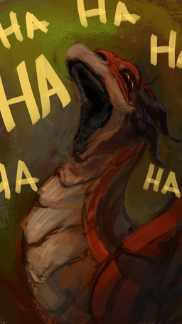 ambiguous_gender dark feral horn laugh multi_eye open_mouth solo teeth text wings karbik_(artist) mythology dragon mythological_creature mythological_scalie scalie 9:16 english_text hi_res reaction_image