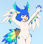 5_fingers anthro beak blue_hair chest_tuft feathers female fingers fur hair half-closed_eyes inner_ear_fluff narrowed_eyes nude red_eyes solo tuft white_body white_fur unknown_artist perico avian bird hi_res portrait three-quarter_portrait