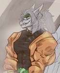 abs anthro cosplay ear_piercing ear_ring fangs feathered_wings feathers fur hair half-closed_eyes looking_at_viewer male muscular muscular_anthro muscular_male narrowed_eyes pecs piercing ponytail ring_piercing smug smug_grin solo teeth teeth_showing wings rizzyofen jojo's_bizarre_adventure mythology dio_brando dragon furred_dragon furred_scalie mythological_creature mythological_scalie scalie hi_res