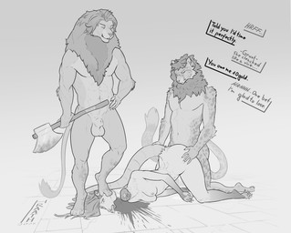 anthro athletic axe betting blood bodily_fluids cum death decapitation execution eyewear female female_death genital_fluids glasses gore group hands_on_hips male male/female mane muscular necrophilia nude questionable_consent simple_background snuff spots tail text toe_twitching trio vaginal hraath alexis_(willingprey) american_opossum cheetah felid feline lion mammal marsupial pantherine hi_res monochrome