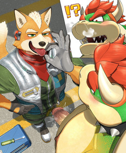 anthro blush bodily_fluids clothed clothing collar duo erection fur genitals gesture gloves green_eyes hair handwear horn jacket male male/male nipples orange_body orange_fur penis red_eyes red_hair spiked_collar spikes suggestive suggestive_gesture sweat tongue tongue_out topwear nagick_18 mario_bros nintendo star_fox bowser fox_mccloud canid canine fox koopa mammal reptile scalie hi_res