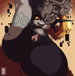 armor big_butt black_body black_breasts black_butt black_skin breasts brown_eyes butt clothing detailed_background featureless_breasts female front_view fused_shadow genitals grey_body grey_skin hair headgear headgear_only headwear helmet helmet_only leg_tattoo logo lying mostly_nude_female mostly_nude_humanoid navel on_back one_leg_up open_mouth open_smile orange_hair pink_vulva raised_leg shortstack smile solo tattoo thick_thighs urethra vulva white_fangs wide_hips yellow_sclera kkrispy nintendo the_legend_of_zelda twilight_princess midna humanoid imp twili