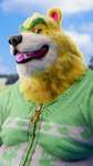 anthro black_nose clothing fur male outside overweight overweight_anthro overweight_male solo sweater text tongue tongue_out topwear white_body white_fur yellow_body yellow_fur fatback_hog animal_crossing nintendo nate_(animal_crossing) bear mammal 2021 9:16 english_text hi_res