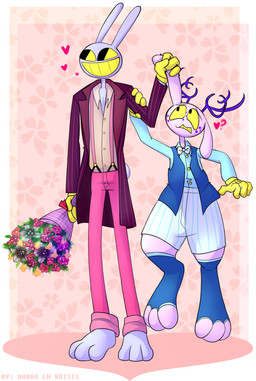 antler_grab antlers bouquet clothing duo_focus flower flower_bouquet fur group horn pink_body pink_fur plant purple_body purple_fur rabbit_ears scut_tail short_tail tail yellow_sclera yumeship bardo_en_krisis glitch_productions the_amazing_digital_circus jax_(tadc) jackalope lagomorph leporid mammal rabbit absurd_res hi_res