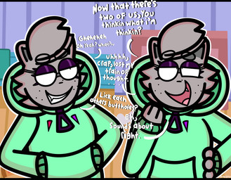 anthro clone clothing duo fangs female female/female freckled_face freckles fur green_clothing green_jacket green_topwear grey_body grey_fur jacket purple_eyelids smile teeth text topwear conditional_dnp mykendyke dykie_(mykendyke) mammal procyonid raccoon absurd_res hi_res