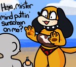 anthro beach big_breasts black_clothing black_panties black_underwear breasts brown_clothing brown_topwear clothing collar dialogue duo female grey_body holding_object looking_at_another open_mouth orange_body outside panties seaside spiked_collar spikes standing sunscreen tail topwear underwear lewdewott duck_hunt nintendo duck_hunt_dog huntress_(lewdewott) canid canine canis domestic_dog human mammal digital_drawing_(artwork) digital_media_(artwork) hi_res