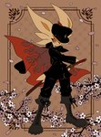 anthro black_bottomwear black_clothing black_hat black_headwear black_jacket black_pants black_topwear boots bottomwear cape cherry_blossom clothing flame_pattern flower footwear fur grey_boots grey_clothing grey_footwear hat headgear headwear jacket katana knee_boots knee_highs legwear looking_at_viewer melee_weapon pants petals plant pose prunus_(flower) red_eyes shoes smile solo standing sword topwear weapon white_body white_fur yellow_inner_ear mugi_cinderace nintendo pokemon cinderace generation_8_pokemon pokemon_(species) 2025 hi_res