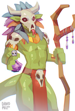 anthro biped bone bone_mask bottomwear clothed clothed_anthro clothed_male clothing feathered_headdress fingers front_view green_body hair holding_object holding_staff horn loincloth looking_at_viewer male mask navel simple_background skull skull_mask solo staff standing tail danomil terraria witch_doctor_(terraria) lihzahrd lizard reptile scalie 2026 digital_drawing_(artwork) digital_media_(artwork) hi_res