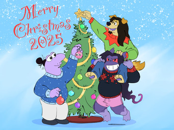 anthro christmas_clothing christmas_decorations christmas_tree clothing digit_ring facial_hair floppy_ears hair holidays jewelry long_hair male male_anthro ornament overweight overweight_male plant purple_body purple_skin ring simple_background tattoo text tree ty_pesh adult_swim cartoon_network christmas nintendo pokemon smiling_friends fan_character reany_(reanyx3) ren_rene_(reanyx3) rengar_(reanyx3) bird_dog canid canine canis critter_(smiling_friends) domestic_dog generation_1_pokemon gengar hunting_dog mammal pokemon_(species) retriever hi_res