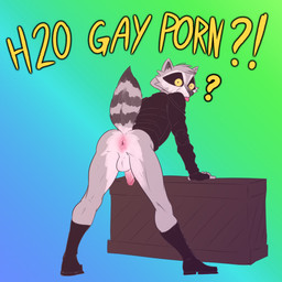 anthro anus balls black_body black_eyes black_fur butt clothed clothing erection facial_markings fur genitals glans gradient_background grey_body grey_fur head_markings humanoid_genitalia humanoid_penis looking_at_viewer looking_back male markings mask_(marking) pantsless penis pink_anus pink_glans pink_penis presenting presenting_hindquarters question_mark raised_tail shoulder_pads simple_background solo striped_body striped_fur striped_markings striped_tail stripes tail tail_markings text tongue tongue_out white_balls white_penis yellow_sclera alexdehell h2o_delirious mammal procyonid raccoon 1:1 absurd_res english_text hi_res