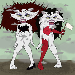 anthro black_hair breasts brown_hair clothing dress duo eyeshadow female flag footwear fur gloves hair handwear lips makeup open_mouth smoke teeth torn_clothing torn_dress torn_footwear torn_gloves torn_handwear torn_shoes whiskers white_body white_flag white_fur wounded belowaverage 20th_century_fox eek!_the_cat fox_kids nelvana pam_(eek!_the_cat) polly_(eek!_the_cat) domestic_cat felid feline felis mammal 2022 digital_media_(artwork) hi_res