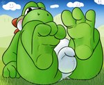 3_toes anthro anus balls barefoot belly blush butt cloud feet flaccid foot_focus foreskin genitals grass green_body green_scales humanoid_feet looking_at_viewer male outside penis plant plantigrade scales simple_background sitting soles solo toes white_belly fol mario_bros nintendo dinosaur green_yoshi prehistoric_species reptile scalie yoshi 2023 hi_res