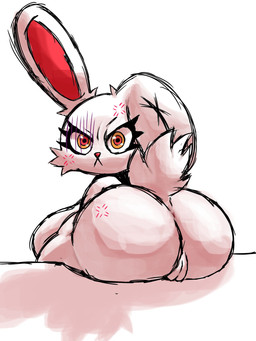 angry anthro big_butt butt cross-popping_vein female genitals looking_at_viewer looking_back looking_back_at_viewer plushie sitting solo vulva trasherartxd 2spot_studio bloody_bunny_(series) bloody_bunny animate_inanimate lagomorph leporid living_plushie mammal rabbit 2025 3:4 hi_res