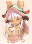 ambiguous_gender anthro beverage blush candy chocolate dessert exclamation_point fangs food hair hot_chocolate long_hair looking_away marshmallow one_eye_closed parted_lips solo steam teeth upper_body white_hair yellow_eyes fujisawa_machi made_in_abyss nanachi lagomorph leporid mammal narehate rabbit