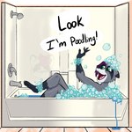 anthro bath bathroom bathtub bubble_bath feet female fur green_eyes grey_body grey_fur hair pawpads purple_hair misspooks mammal procyonid raccoon 1:1 absurd_res hi_res