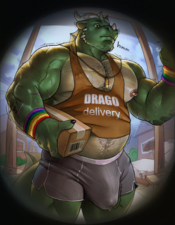 anthro armband barbell_piercing beard biceps bodily_fluids body_hair bottomwear bulge claws clothing emanata erection erection_under_clothing facial_hair genital_fluids green_body horn hotpants male muscular muscular_anthro muscular_male nipple_barbell nipple_piercing nipples outside pecs piercing precum precum_through_clothing scar shirt shorts sweat tail tank_top topwear wet wet_clothing highpups mythology dragon mythological_creature mythological_scalie scalie absurd_res digital_drawing_(artwork) digital_media_(artwork) hi_res