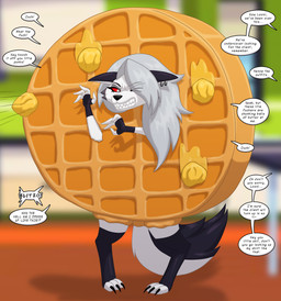angry anthro breakfast butter clothing costume dairy_products female food food_costume solo text waffle waffle_costume runningtoaster hellaverse helluva_boss mythology loona_(helluva_boss) canid canid_demon canine demon hellhound mammal mythological_canine mythological_creature english_text hi_res