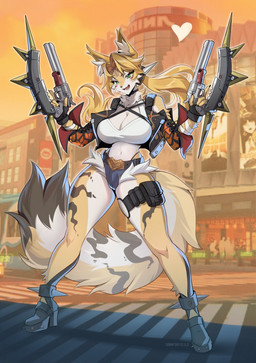 anthro biped bottomwear breasts claws clothed clothed_anthro clothed_female clothing female fingers footwear front_view fully_clothed fully_clothed_anthro fully_clothed_female fur gloves gun hair handwear navel pants ranged_weapon shoes smile solo standing tail teeth tongue topwear weapon sorafoxyteils mihoyo zenless_zone_zero pulchra_fellini felid feline mammal 2026 digital_drawing_(artwork) digital_media_(artwork) hi_res