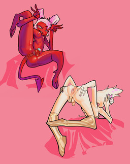 anthro anus areola backsack balls bikini bikini_bottom bikini_top bodily_fluids breasts butt chastity_cage chastity_cage_only chastity_device chastity_device_only clothing duo genital_fluids genitals gesture glistening glistening_clothing gold_bikini gold_stockings gynomorph hand_gesture hooves ineffective_clothing intersex leaking_precum legwear makeup male nude penis pigtails precum presenting presenting_hindquarters puffy_anus puffy_areola small_penis stockings stylized_chastity_cage swimwear tail two-piece_swimsuit v_sign wearing_chastity_cage wearing_chastity_device bbgg_(artist) hazbin_hotel hellaverse helluva_boss angel_dust moxxie_(helluva_boss) arachnid arthropod humanoid imp spider absurd_res hi_res