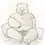 anthro belly biped blush bottomwear clothing eyes_closed humanoid_hands male navel overweight overweight_anthro overweight_male pillow shirt shorts sitting solo teeth tired tongue topwear furball_shirokm bear mammal polar_bear ursine 1:1 2019